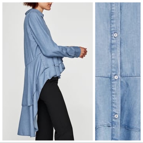 NWT Zara Blue Washed Denim Longline Shirt Size S - Picture 6 of 8